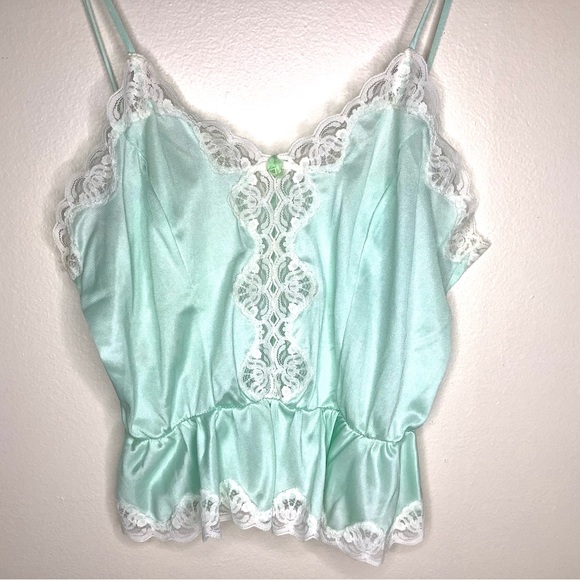 < Vintage Turquoise Lace Trimmed Lingerie Top > - Picture 2 of 5
